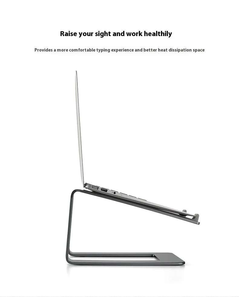 Black aluminium alloy laptop stand on a desk, elevating a silver laptop.