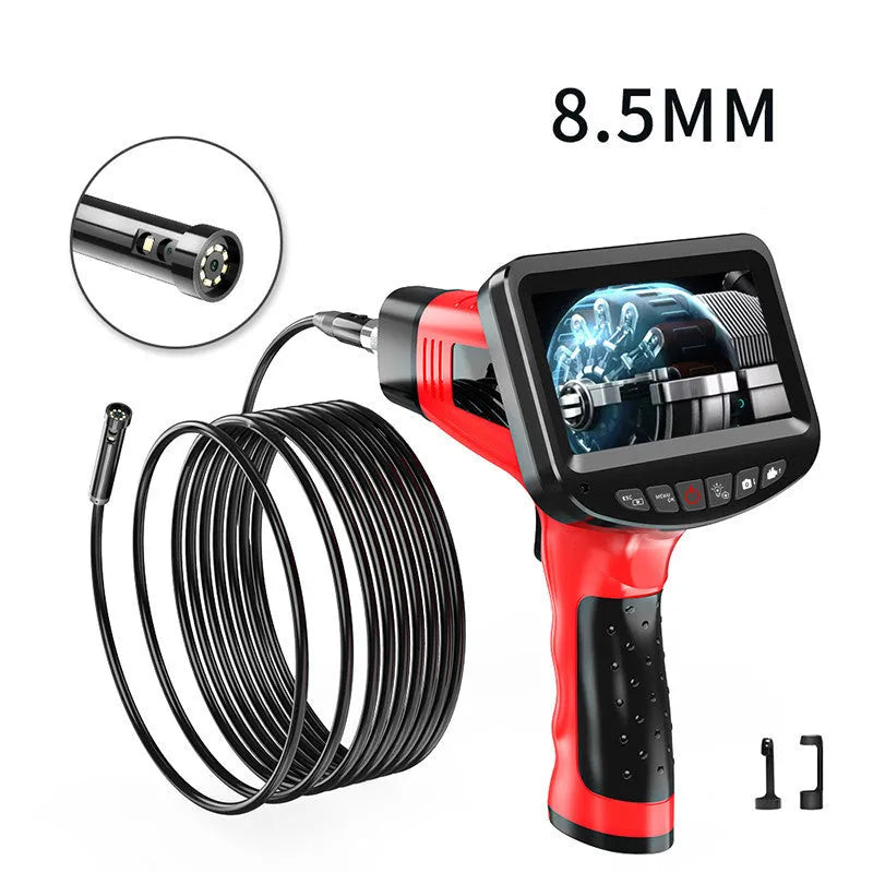 8.5mm diameter dual-lens endoscope camera with hard wire cable and memory card.