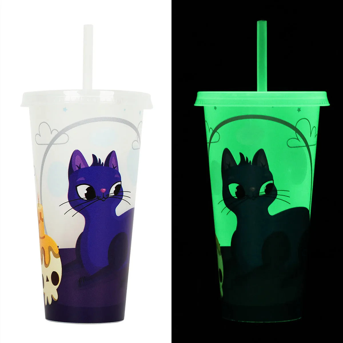 720ml Halloween plastic sippy cup with luminous straw in cylindrical design