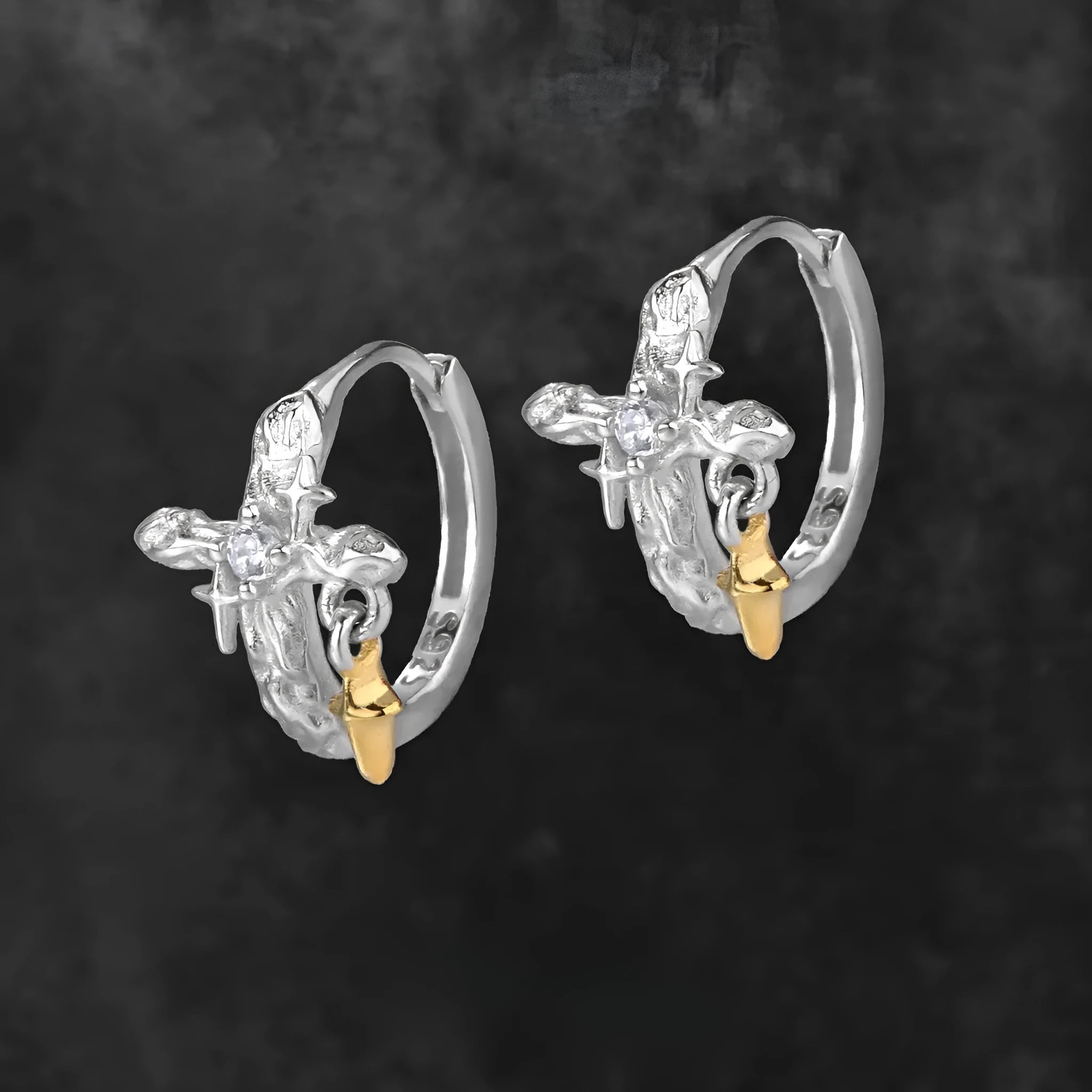 925 silver geometric cross earrings with white gold colour finish and round element detailing
