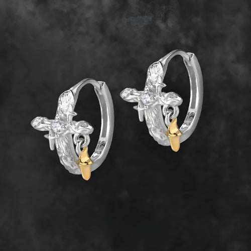 925 silver geometric cross earrings with white gold colour finish and round element detailing