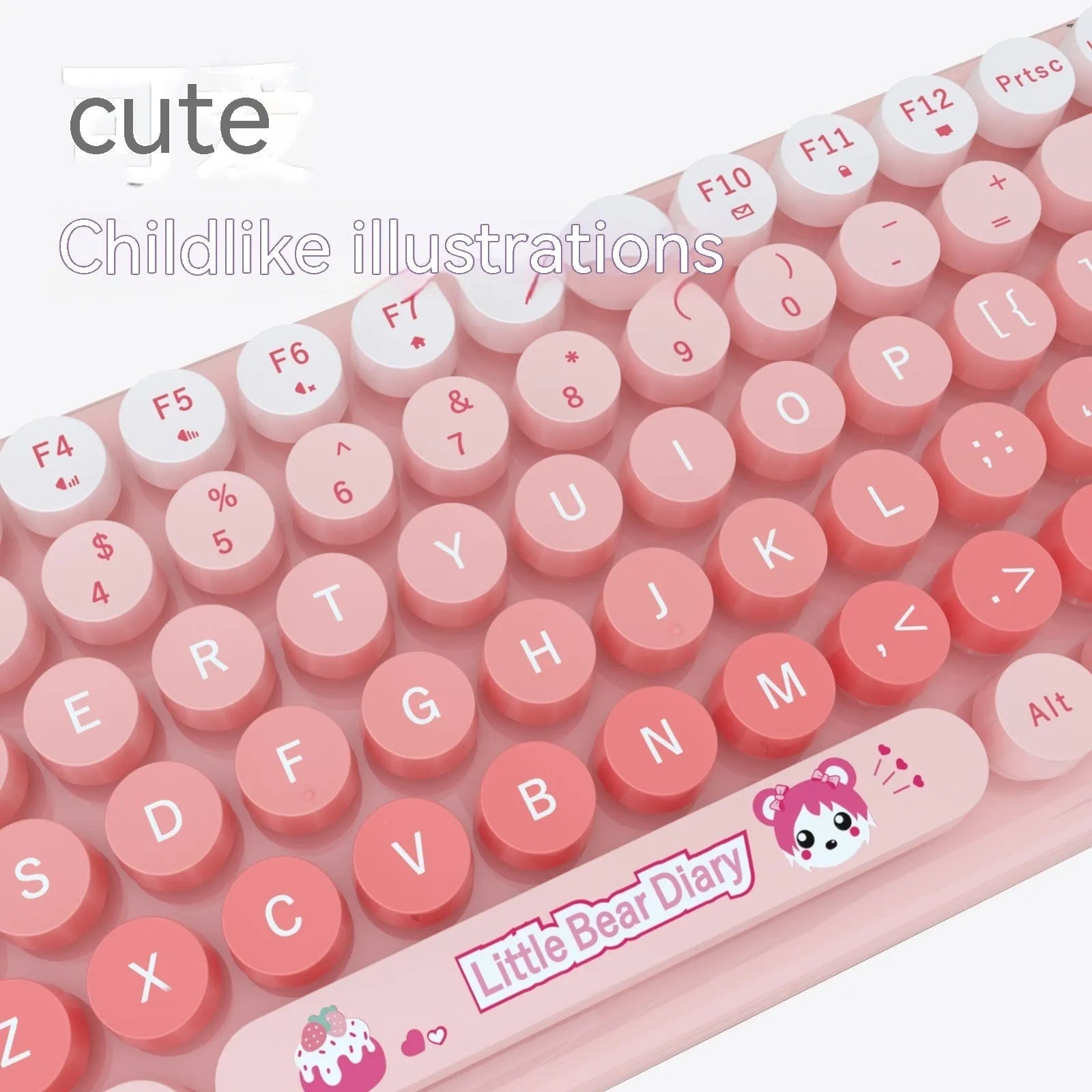 Candy pink wireless keyboard and mouse set on a desk next to a notebook computer.