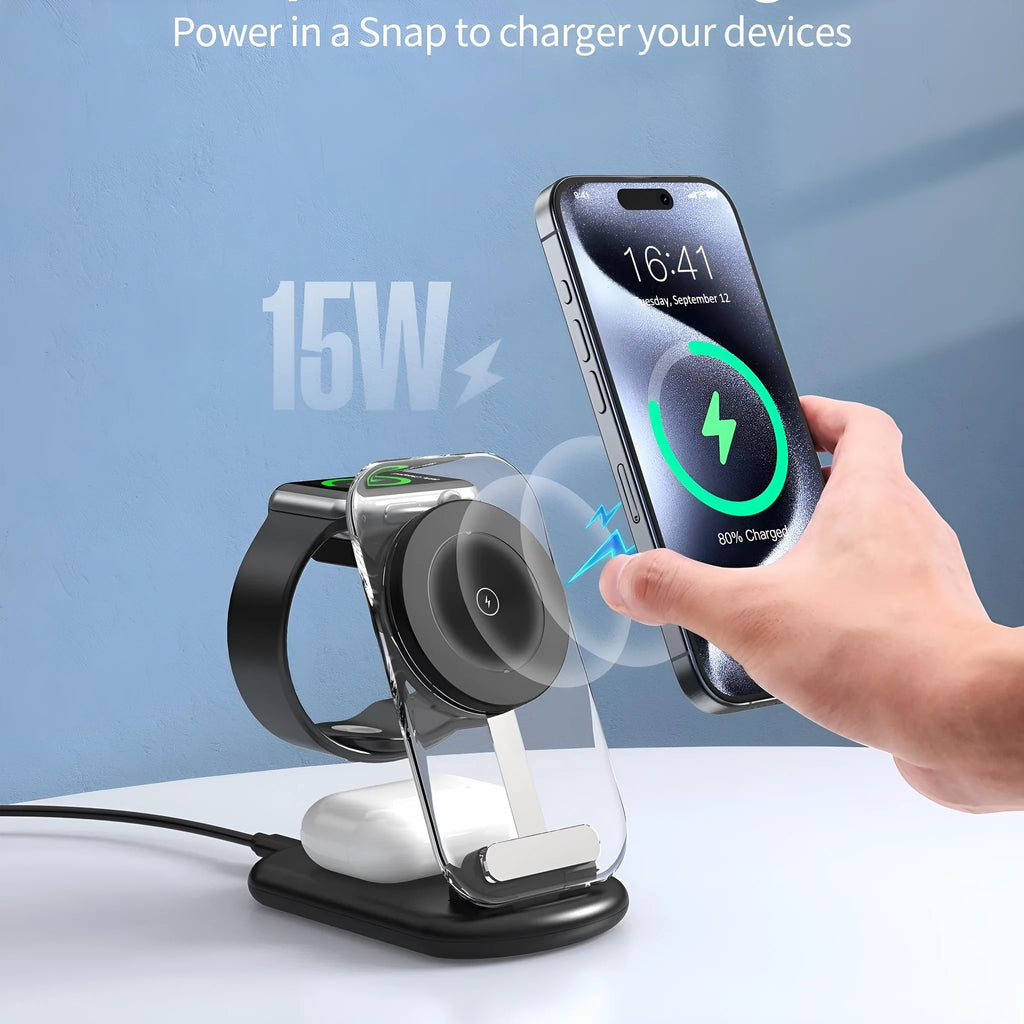 Transparent folding magnetic three-in-one wireless charger in black or white colour