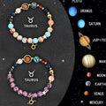 Two natural stone beaded bracelets showing zodiac symbols on an adjustable knotted string.