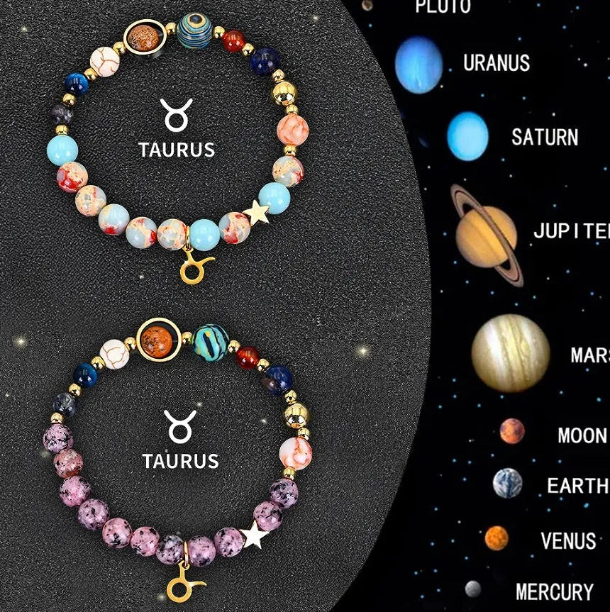 Two natural stone beaded bracelets showing zodiac symbols on an adjustable knotted string.