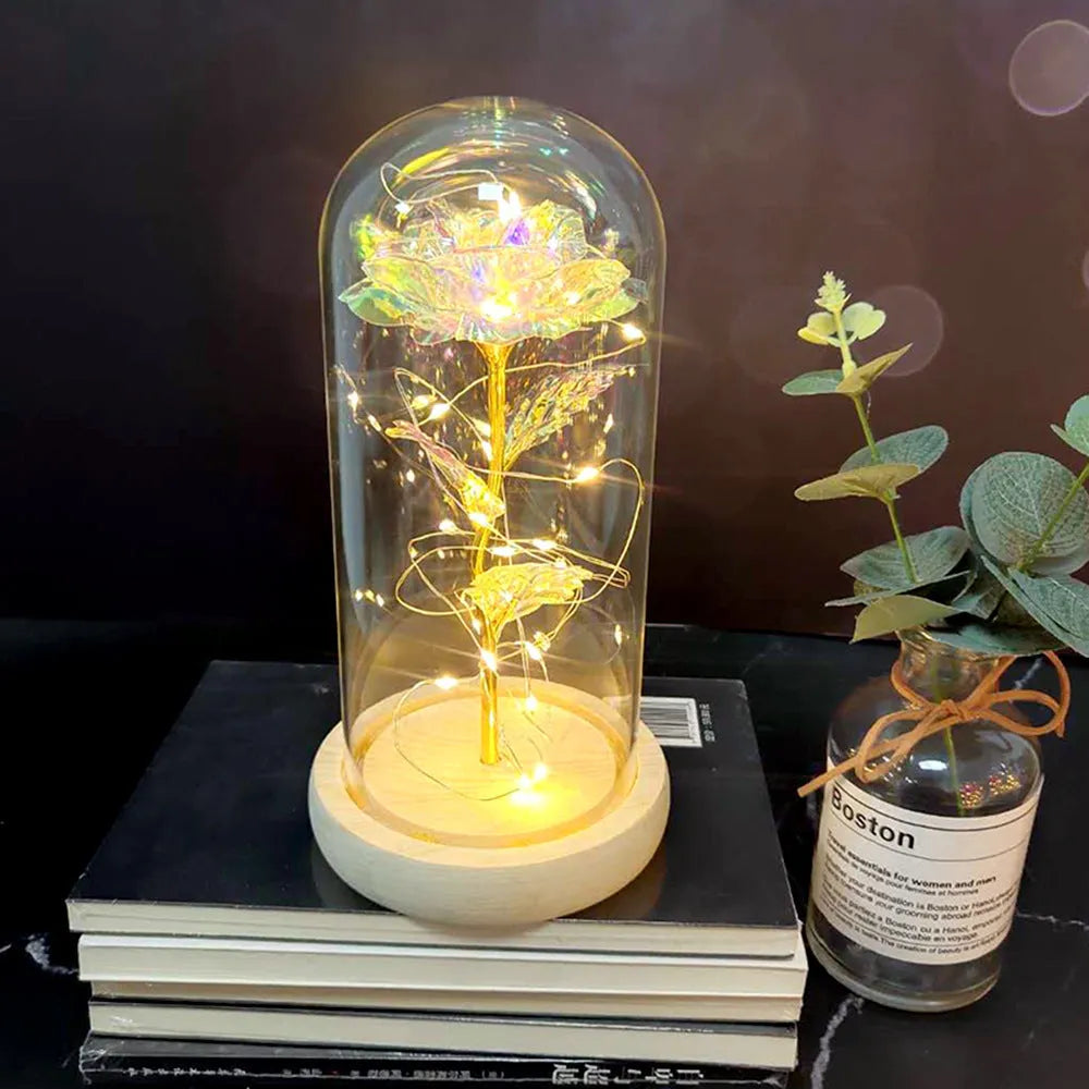 LED luminous silk rose ornament in glass cover on wood base with bendable light wire