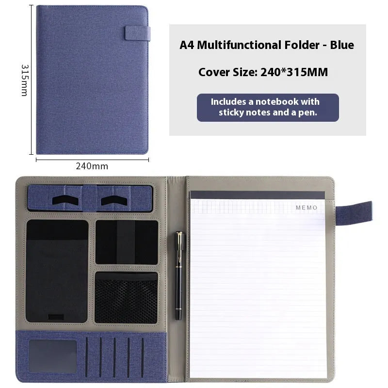 Leather A4 business multifunction folder with notepad and pen holder in black colour