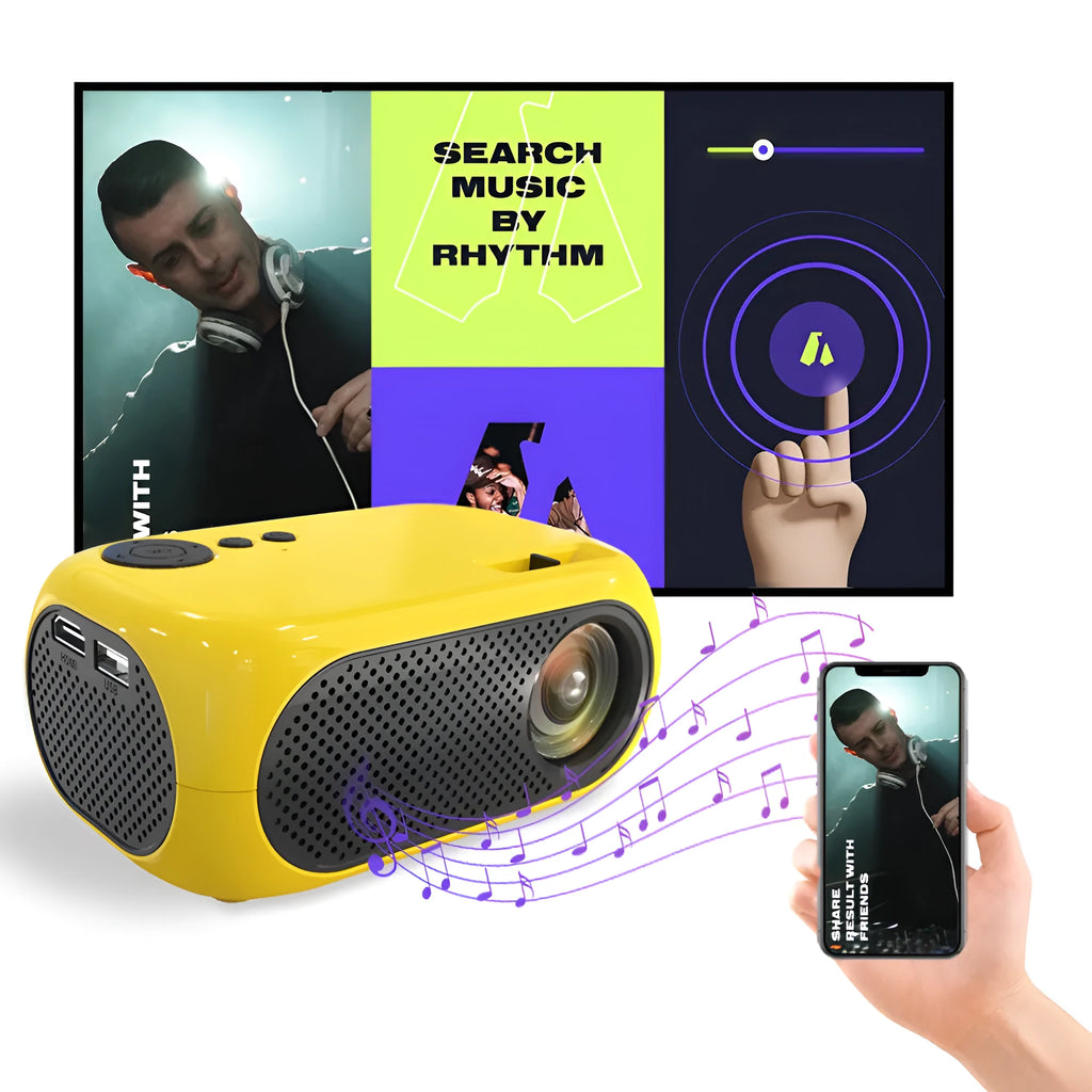 M24 Micro Mini LED Projector in Gold or White colour with power adapter and cables on a table.