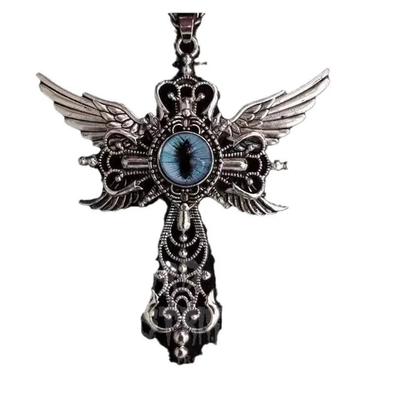 Geometric devil wings and cross pendant necklace in alloy, shown in multiple colour options.