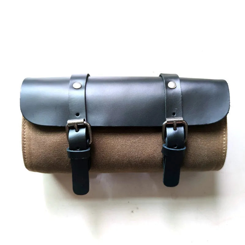 Camel Knight retro cotton messenger bag in army green showing size and internal pockets.