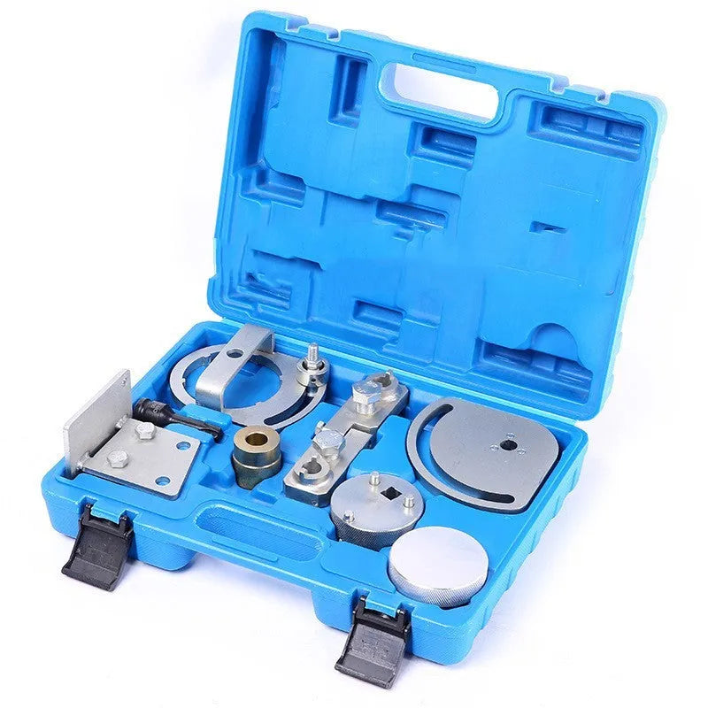 Volvo engine timing alignment tool kit made of carbon steel for cylinder head repair.