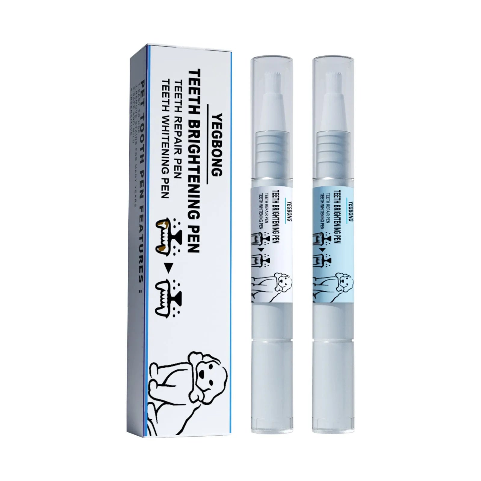 Yegbong pet teeth whitening pen for dogs and cats with dental brushes, showing dual-chamber 3ml+3ml design
