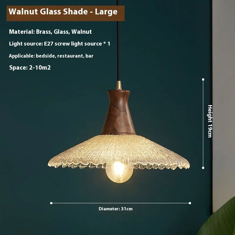 Retro wood and glass ceiling chandelier with brass-colour finish in three sizes.