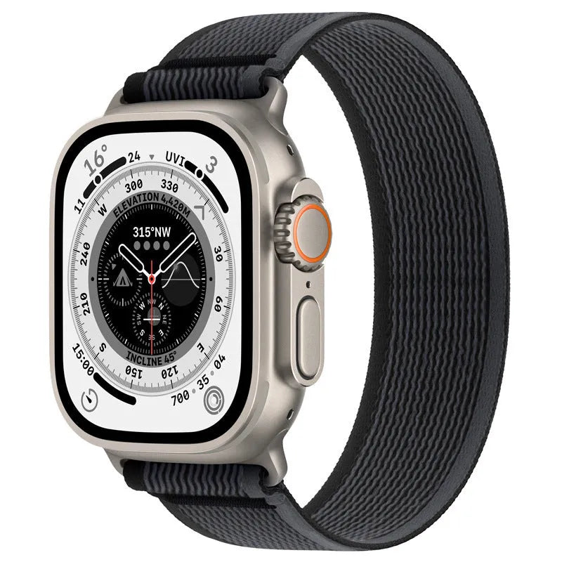 Wild Diameter single ring integrated nylon watch strap for Apple Watch in multiple colour options on a grey background.