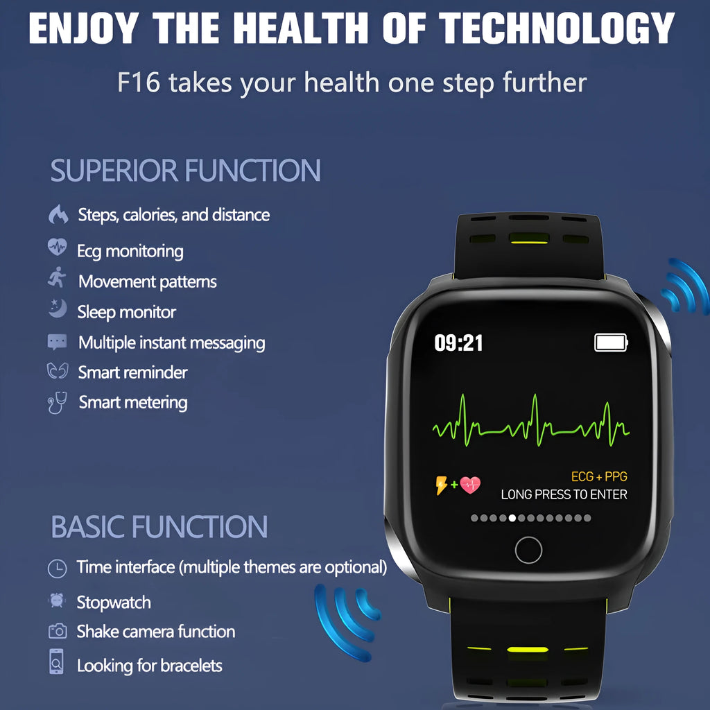 F16 smart watch with ECG monitoring on a silicone wristband in black and grey colour