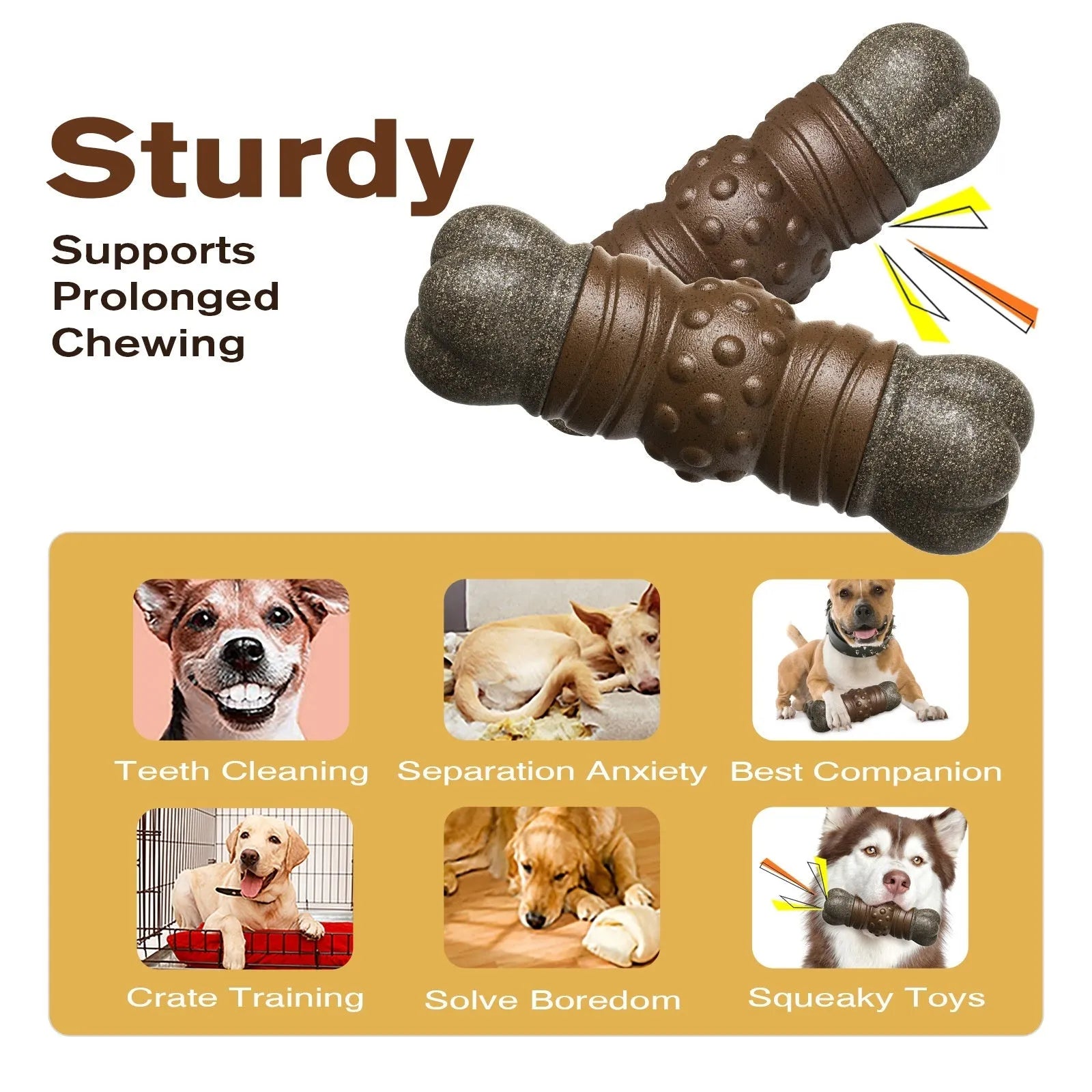 Wood colour plastic dog toothbrush toy with bone shape and extended molar rod for dental care