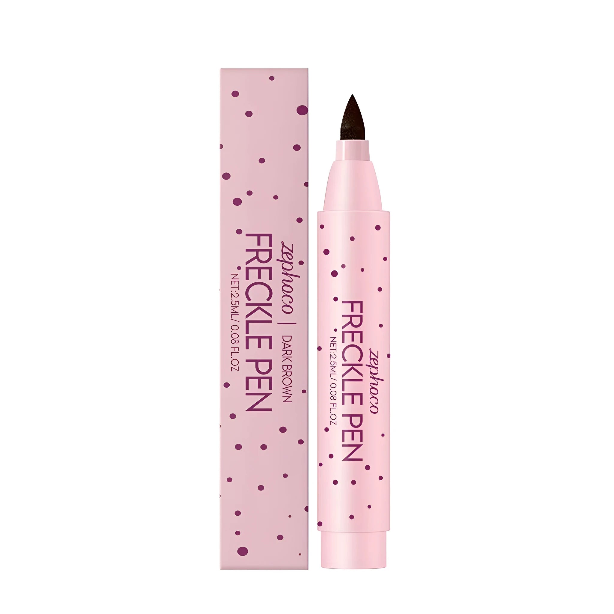 Freckle pen cosmetic applicator for faux freckles in dark brown and light brown shades