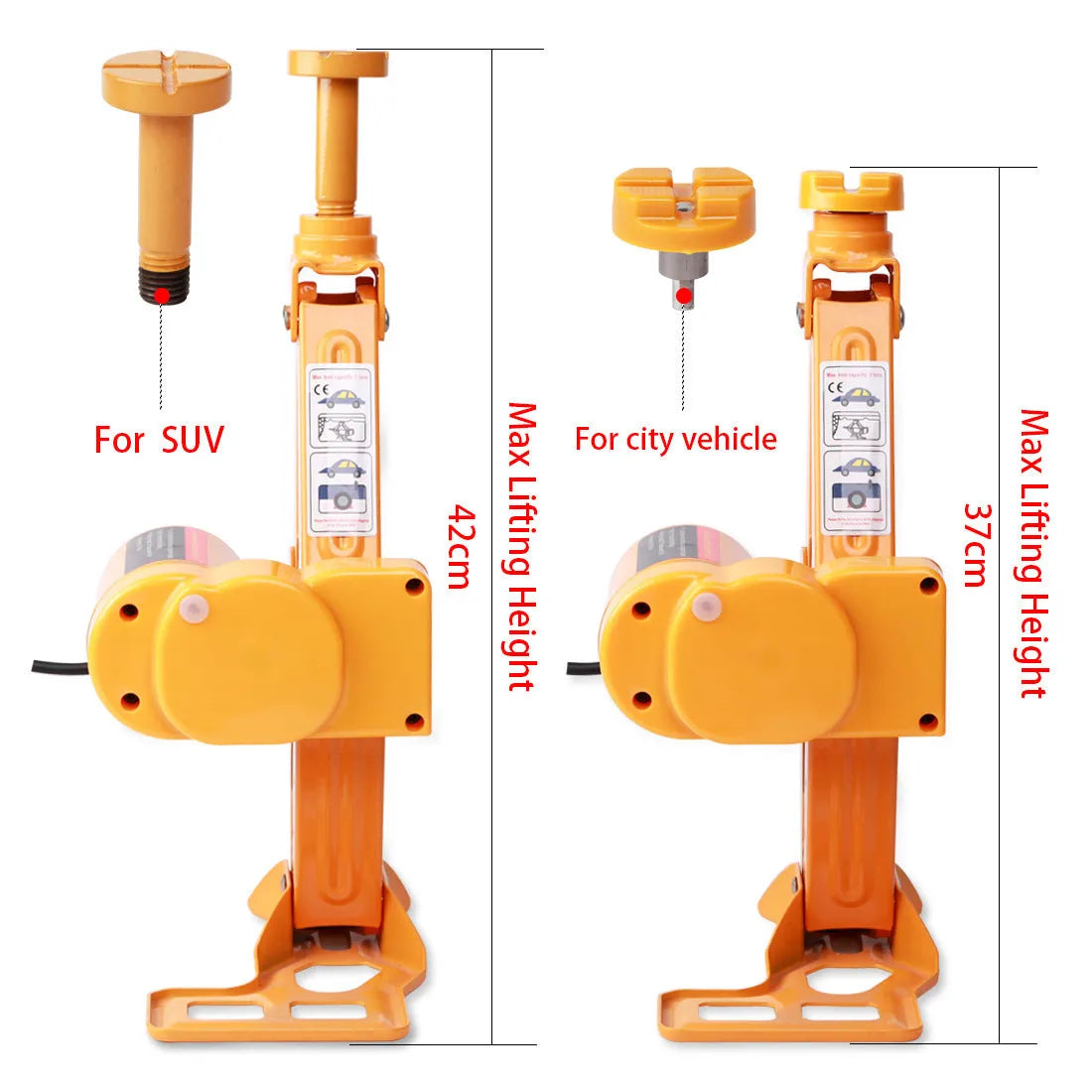 Yellow electric car jack set with 12V power cable and matching electric wrench
