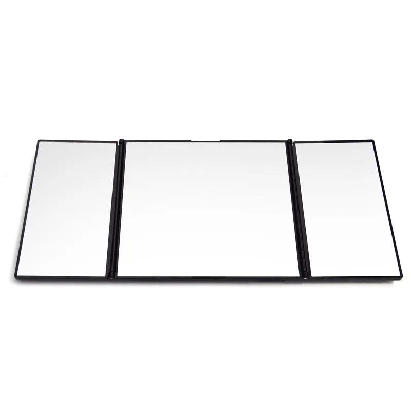 Silver folding car grooming mirror showing open and closed positions with ABS frame