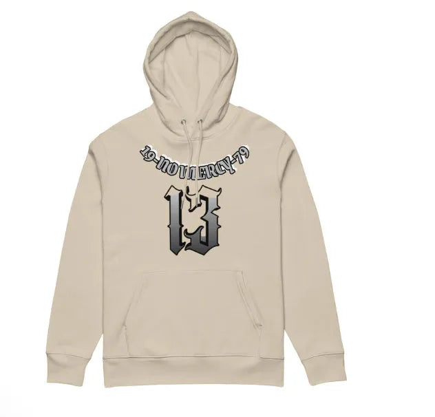 A loose-fit grey hooded pullover sweater with a fleece lining, shown flat