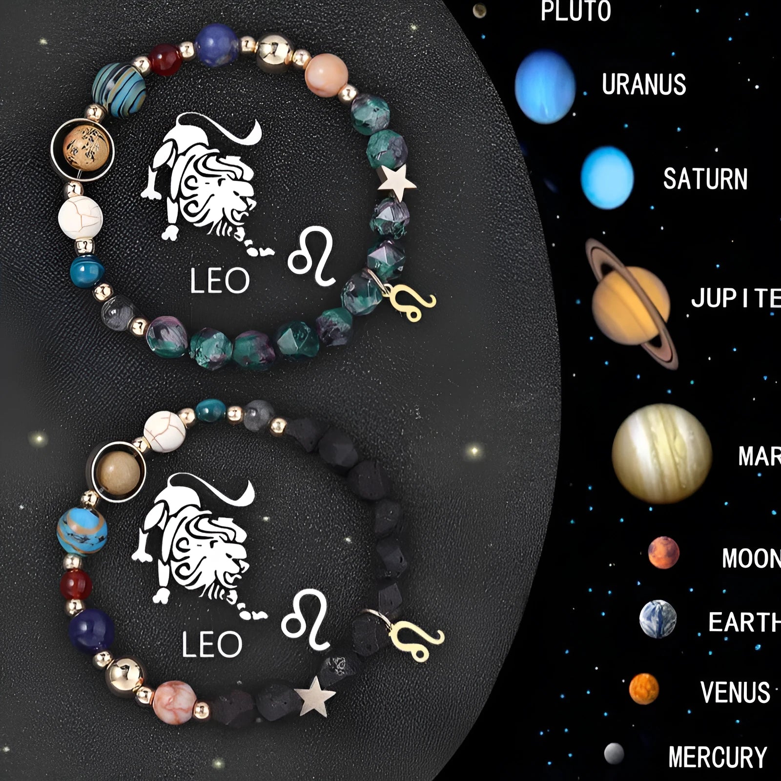 Set of two adjustable natural stone bracelets with zodiac sign charms on beige background