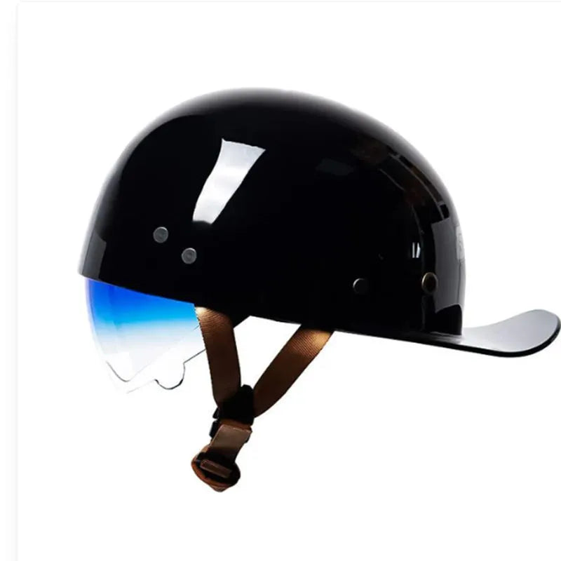 Men's retro half helmet for electric bikes in bright black with a gradient blue lens.
