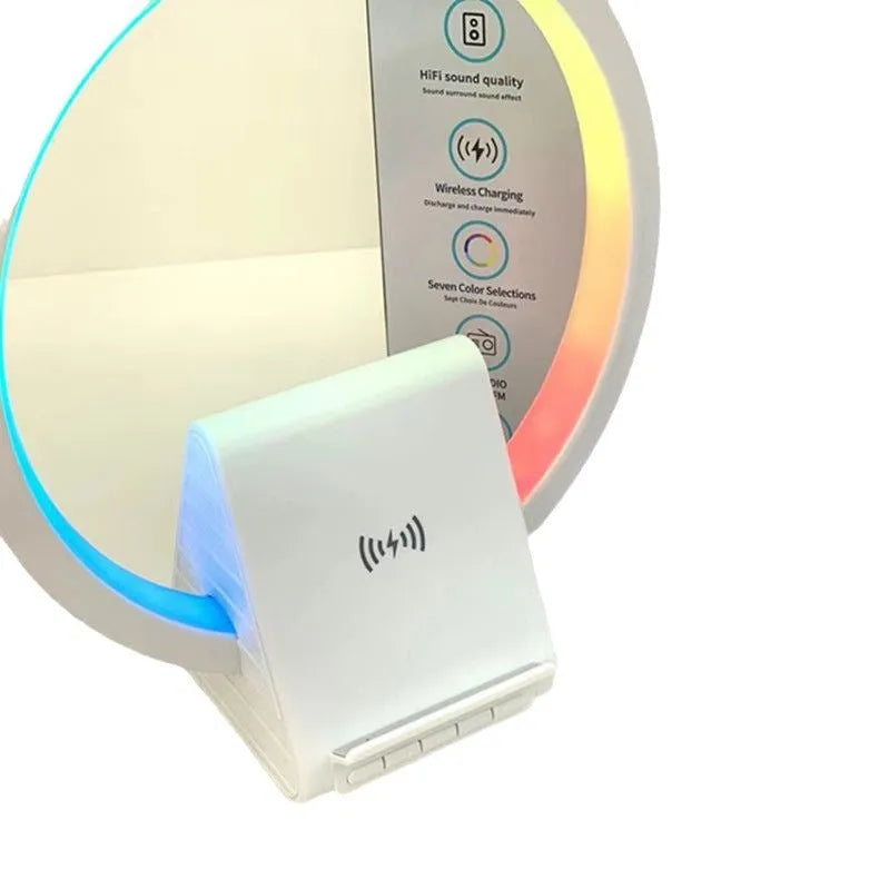 White rectangular Bluetooth speaker with wireless charging pad and ambient lighting