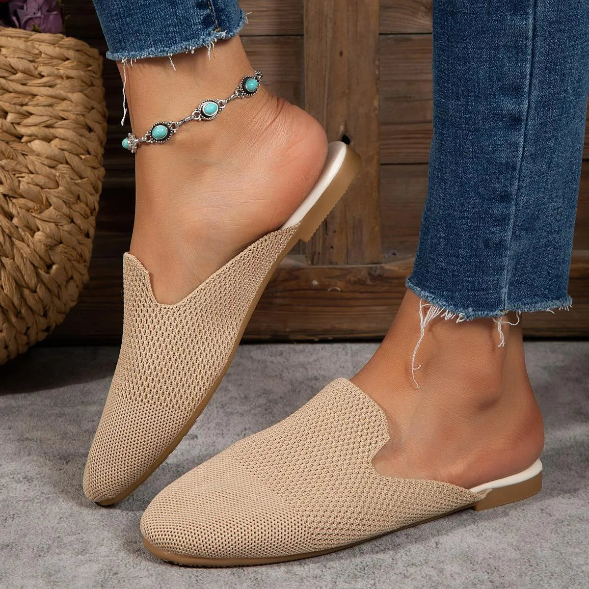 Mesh slip-on sandals with round toe, cloth upper, and flat rubber sole in candy colours