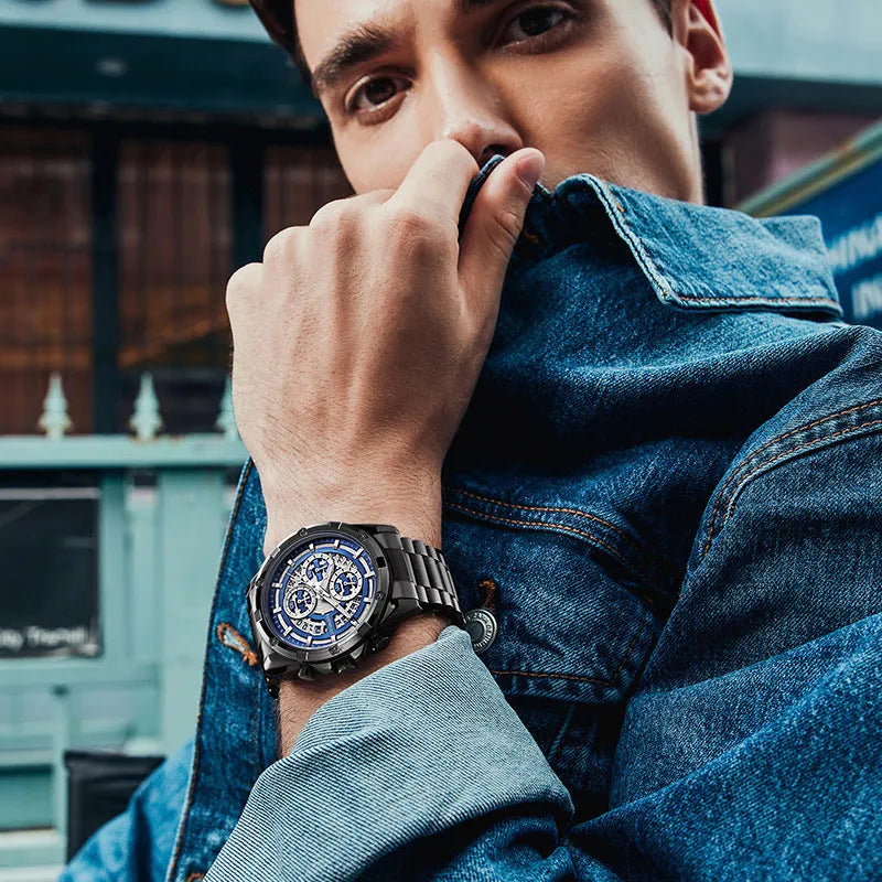 Men's waterproof luminous quartz watch with steel bracelet in black and blue, black and gold, or silver and white colour options