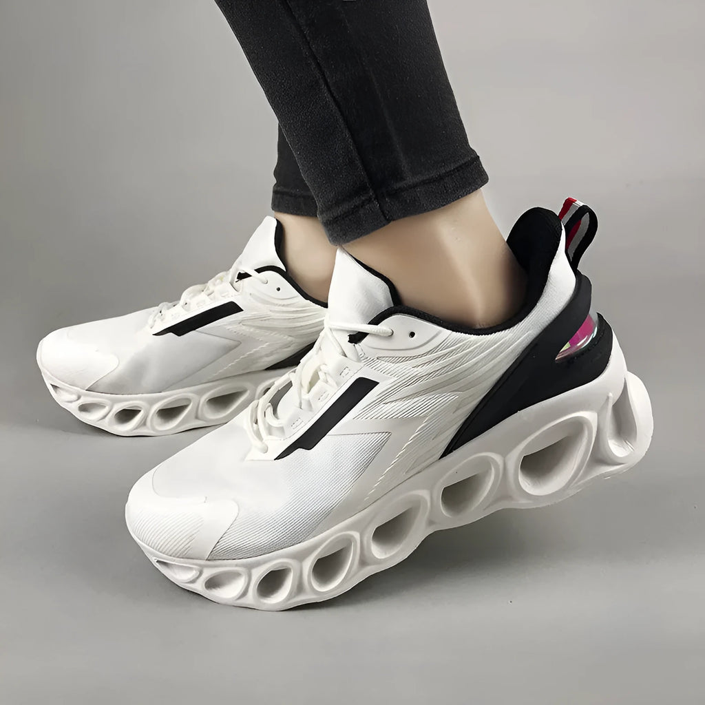 Men's black breathable casual sports shoes with mesh upper, round toe, and flat EVA sole on a white background.