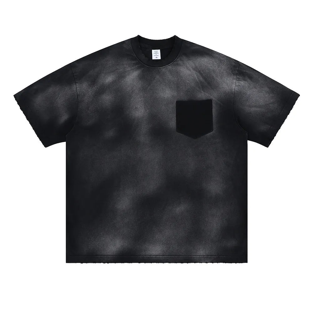 Men's black cotton T-shirt with printed letters, loose street style, and drop-shoulder sleeves