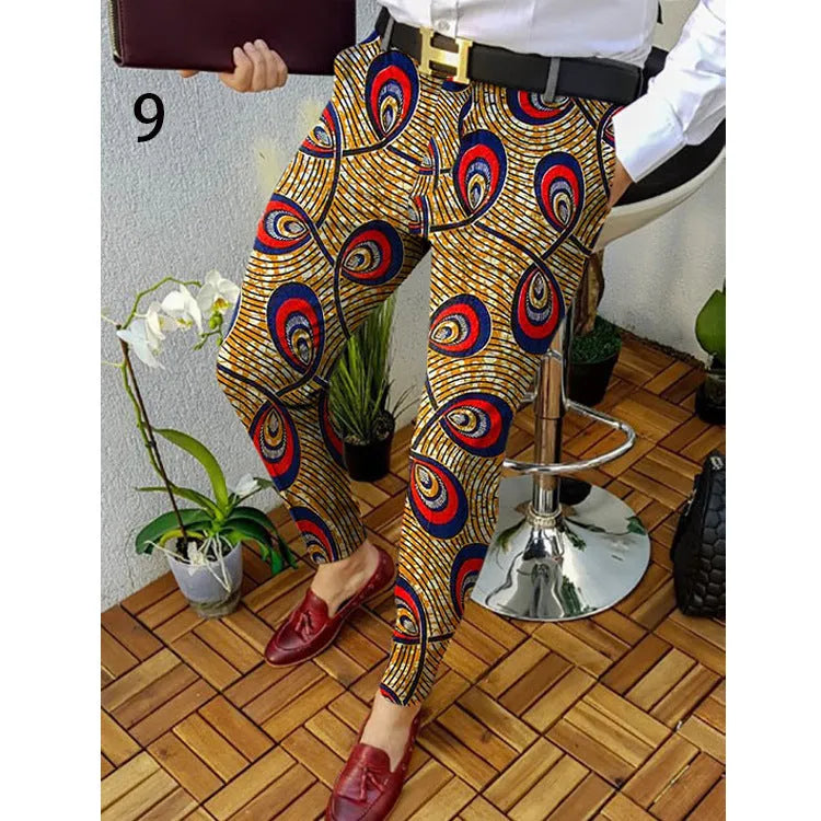 Men's slim-fit plaid casual trousers with 3D printed pattern and elastic waistband