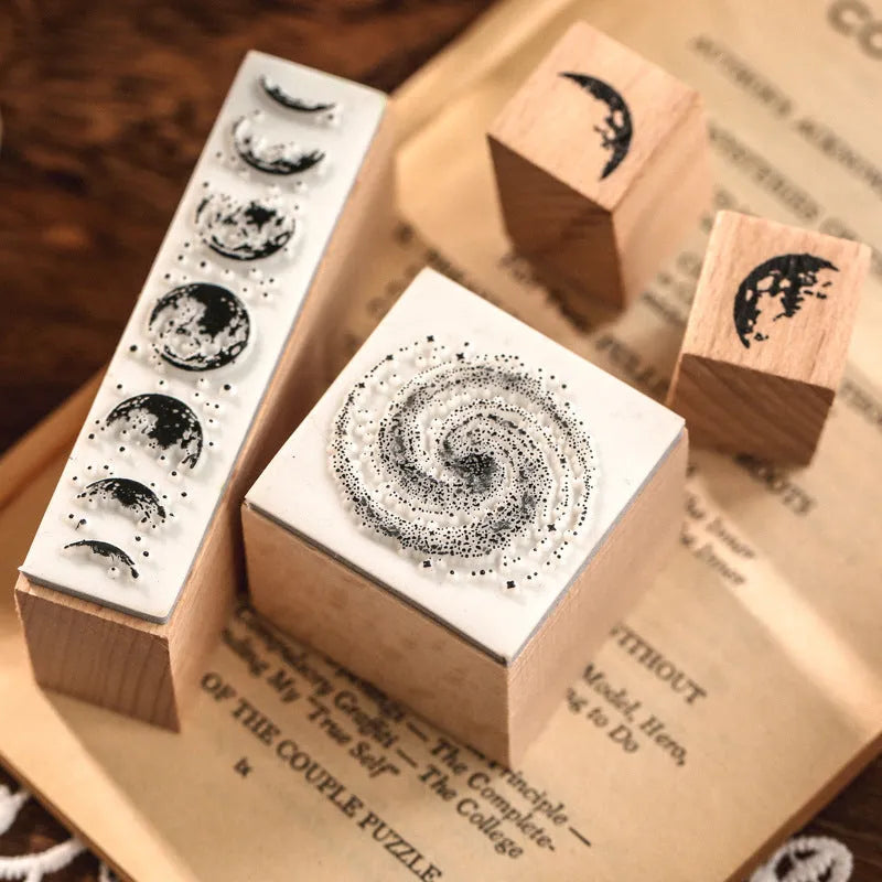 Mr Paper Seal Suit wooden handmade stamp set showing seven pieces with vintage decorative patterns