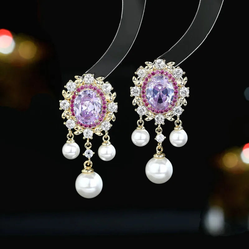 Geometric oval pearl tassel earrings with zircon detailing in light purple colour