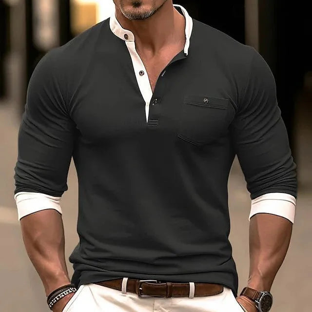 Men's solid colour long sleeve cotton T-shirt on a hanger, showing the round neck and sleeve detail.
