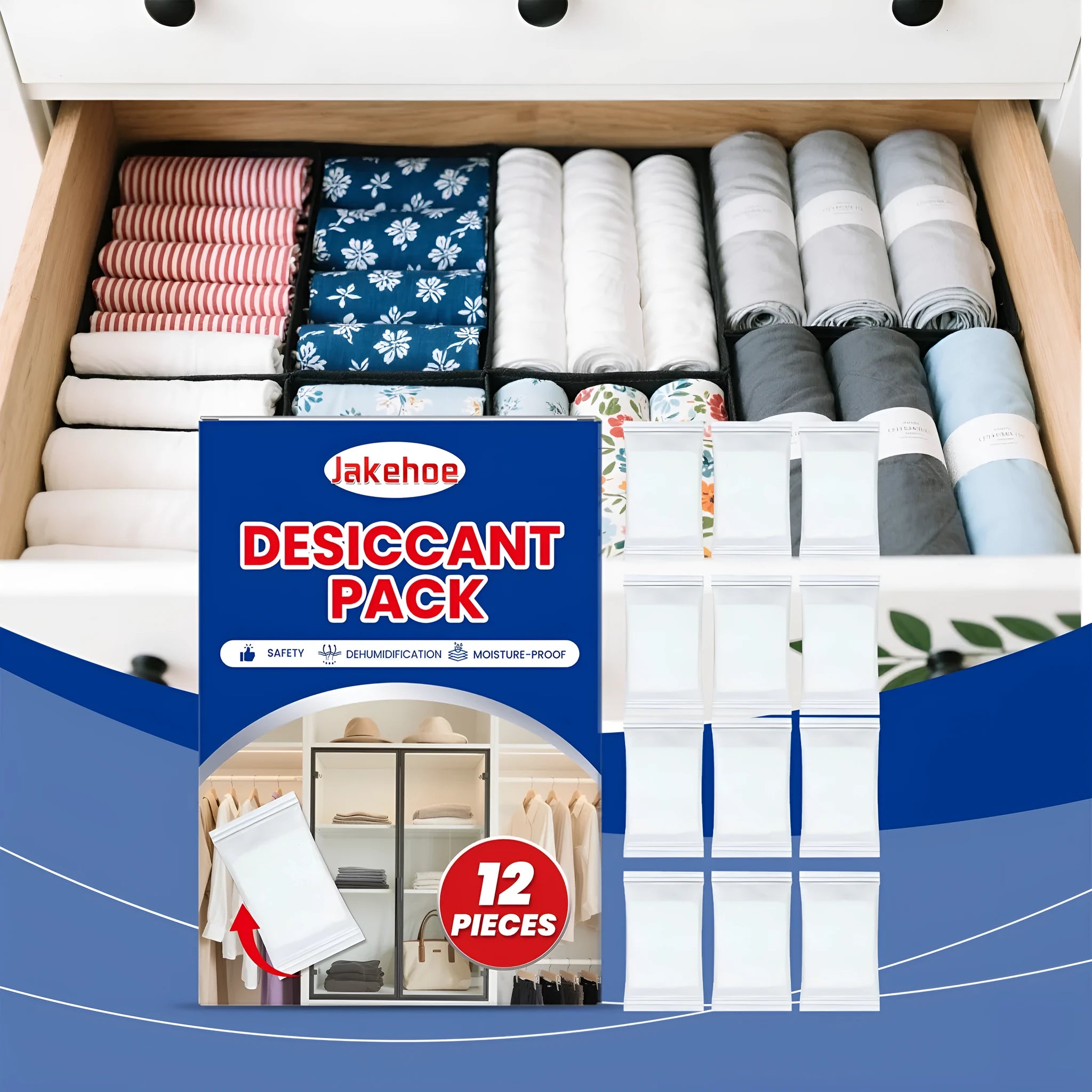 Pack of twelve anti-odour household desiccants for wardrobe and cupboard moisture control