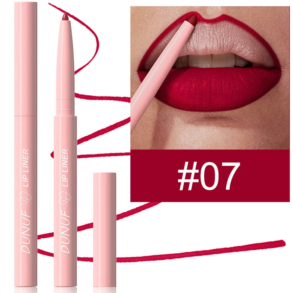 Set of twelve velvet matte lip liners in various shades for precise lip contouring