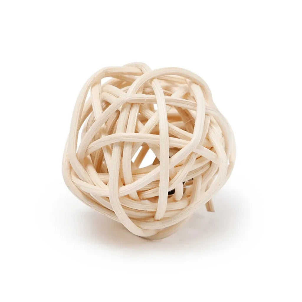 Two cat toys: rattan ball and faux feather ball with bell for kitten play