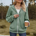 Green women's hooded zipper sweater coat with loose fit in Japanese Korean casual style