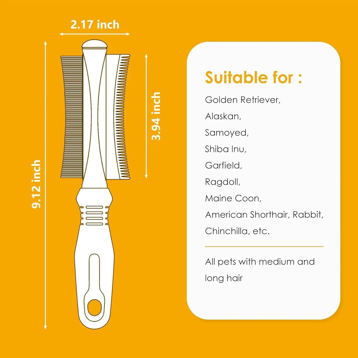 White 2 in 1 dog and cat grooming brush with curved comb and deshedding sides measuring 230mm