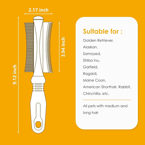 White 2 in 1 dog and cat grooming brush with curved comb and deshedding sides measuring 230mm