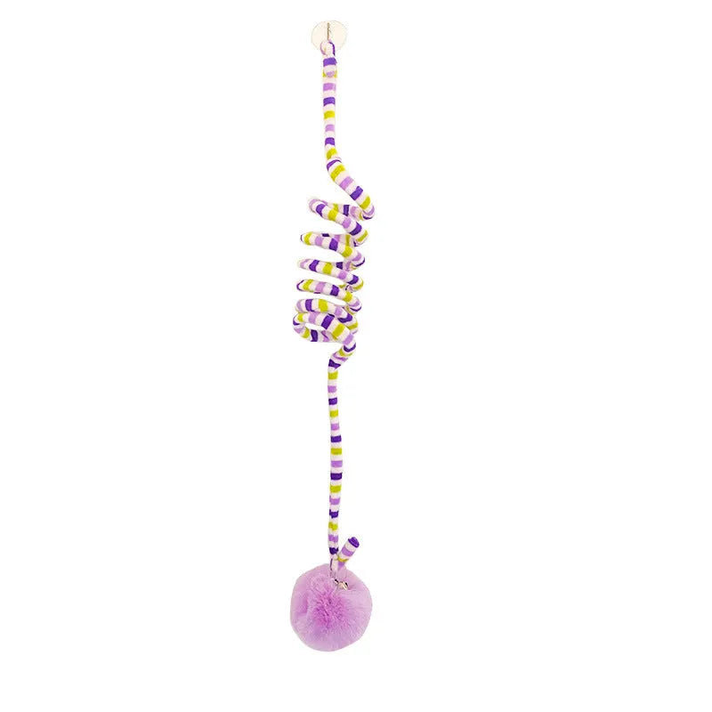 Cat toy with colourful inflatable bell ball on flexible wand and suction cup for door mounting