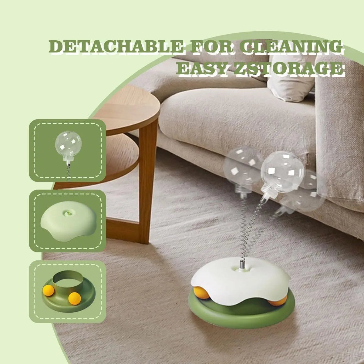 Blue and green options of a round plastic cat treat dispenser toy with a track ball, shown dismantled.