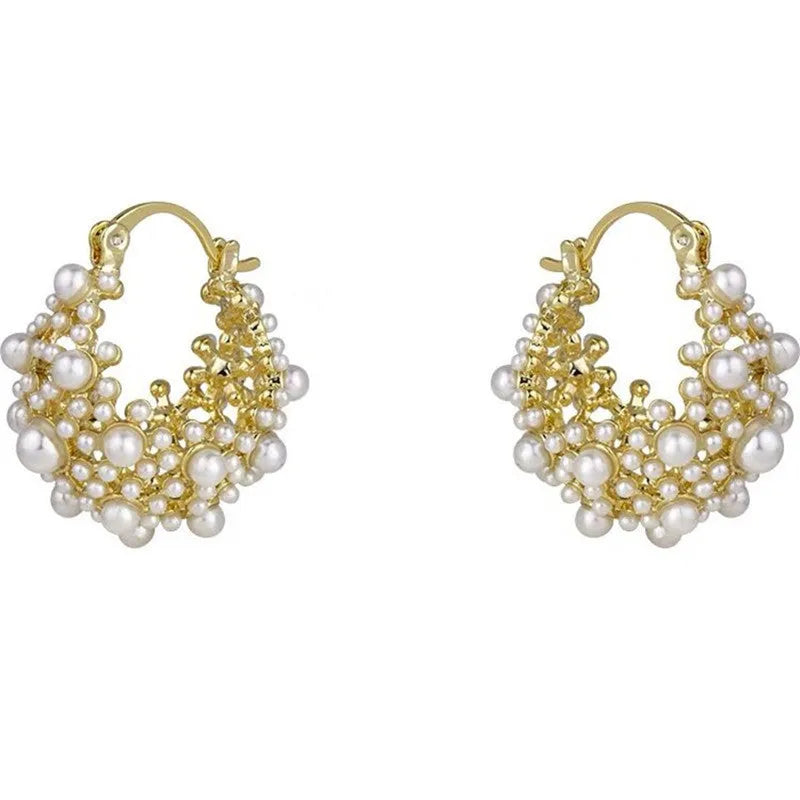 Gold women's flower basket earrings with pearl bead decoration on copper