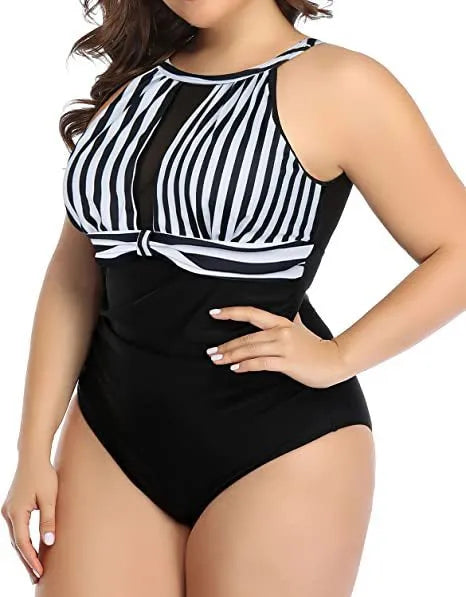 Women's solid colour one-piece swimsuit with lace detail in black, red flower, or stripe patterns.