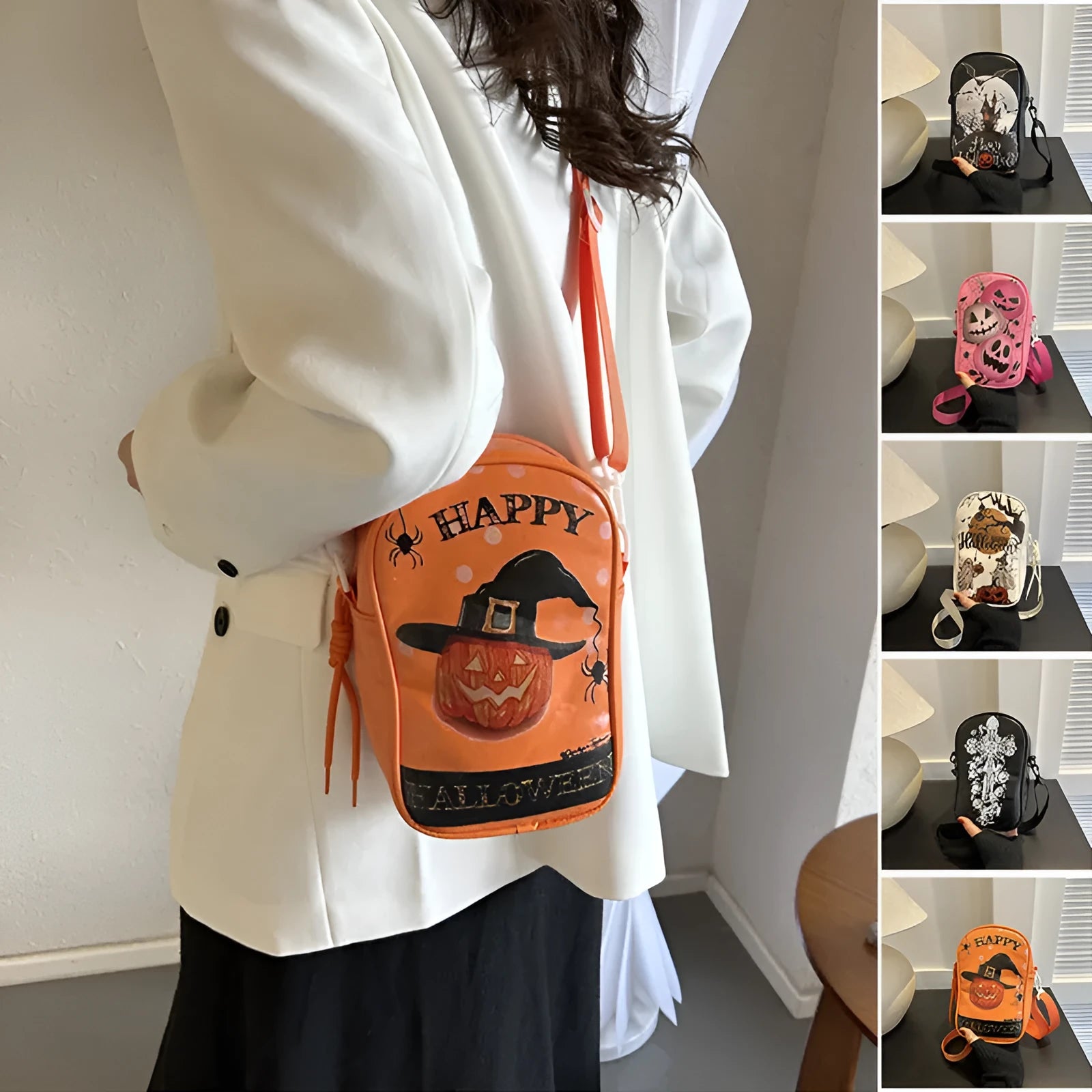 Halloween graffiti print mini crossbody bag with pumpkin ghost bat design in PU material