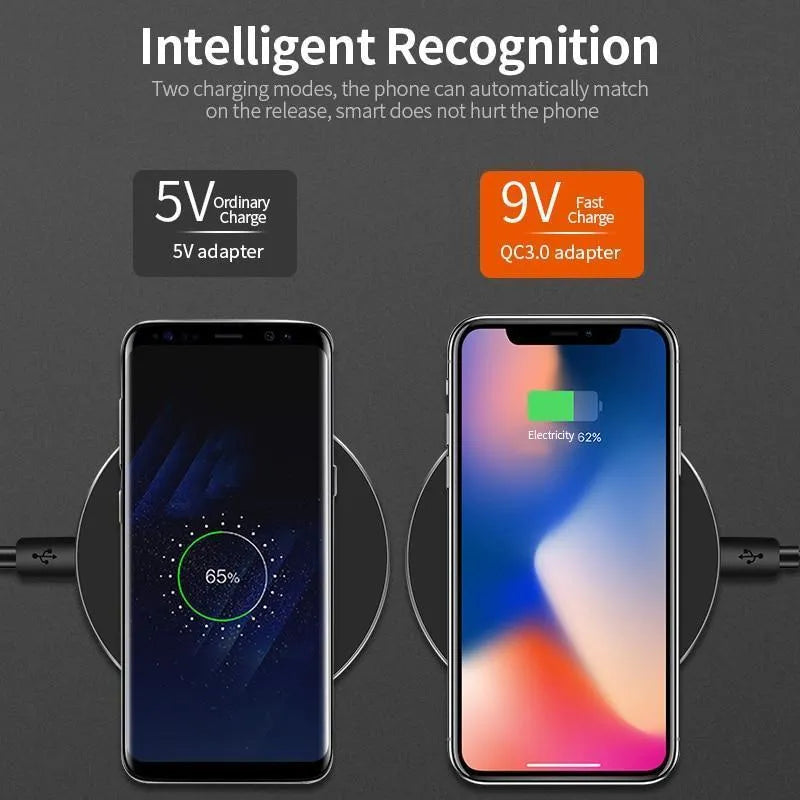 Black ultra-thin wireless charging pad with 98mm square surface for smartphone fast charging