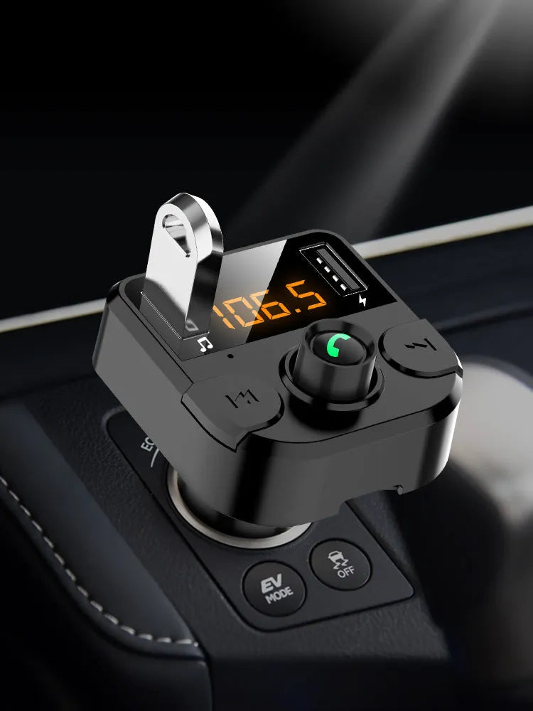 Black BT36B car Bluetooth MP3 player with 1.1-inch screen for cigarette lighter power.