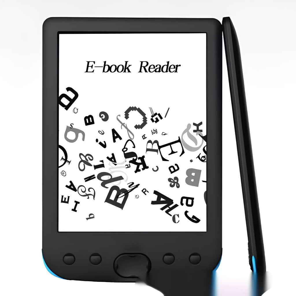 Black 6-inch E-ink e-book reader showing its paper-like screen and compact design.