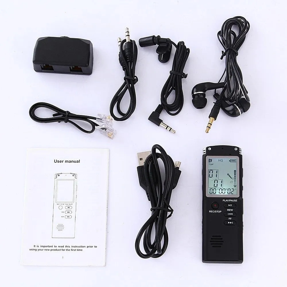 Compact black USB digital voice recorder with display screen and microphone port